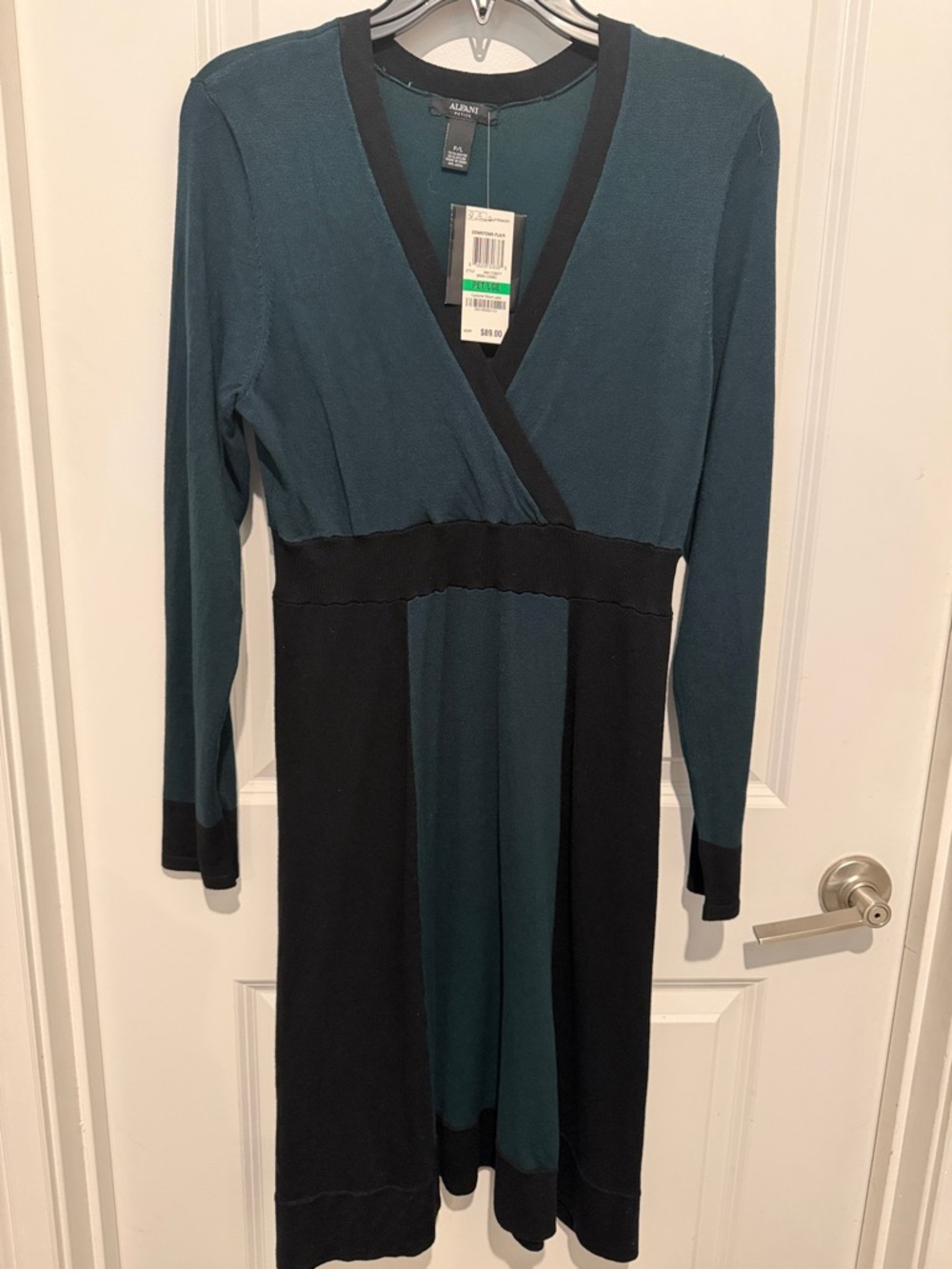 Alfani Teal and Black Long Sleeve Faux-Wrap Knit Dress